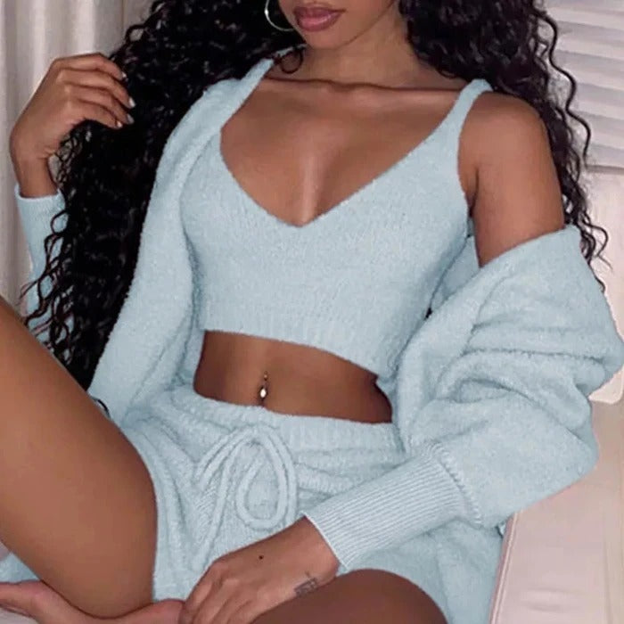 3 delig dameskleding lange mouwen crop tanktop en shorts met trekkoord pyjama set