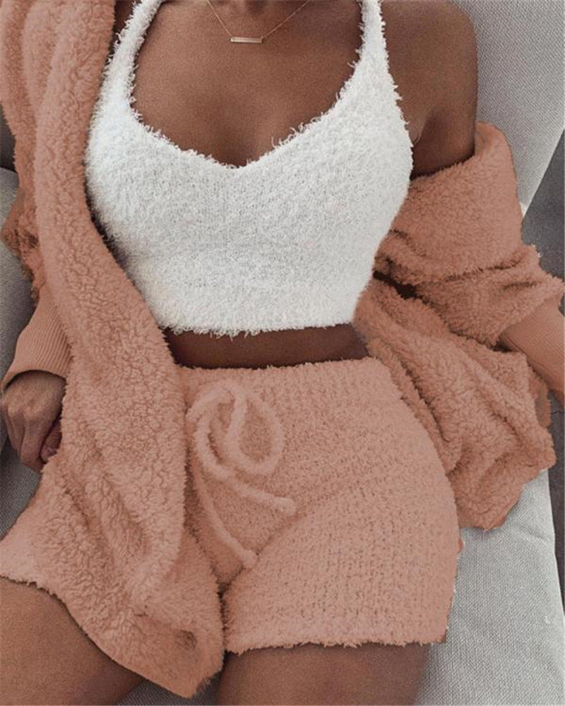 3 delig dameskleding lange mouwen crop tanktop en shorts met trekkoord pyjama set