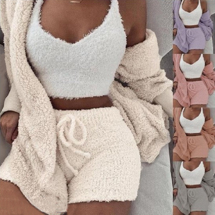 3 delig dameskleding lange mouwen crop tanktop en shorts met trekkoord pyjama set