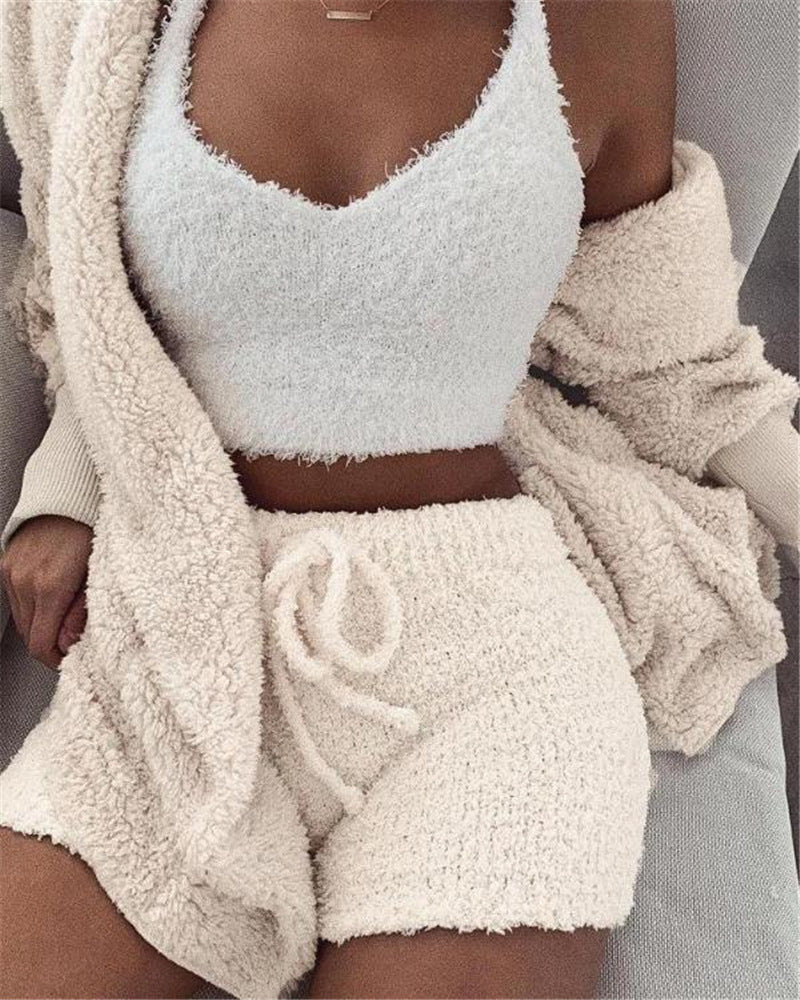 3 delig dameskleding lange mouwen crop tanktop en shorts met trekkoord pyjama set