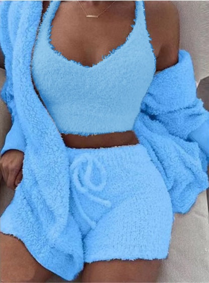 3 delig dameskleding lange mouwen crop tanktop en shorts met trekkoord pyjama set