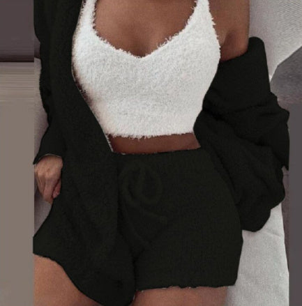 3 delig dameskleding lange mouwen crop tanktop en shorts met trekkoord pyjama set