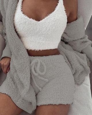 3 delig dameskleding lange mouwen crop tanktop en shorts met trekkoord pyjama set