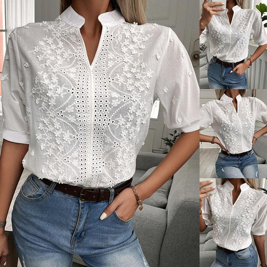 Dames v-hals opstaande kraag kant shirt