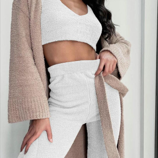 3 delig dameskleding lange mouwen crop tanktop en shorts met trekkoord pyjama set