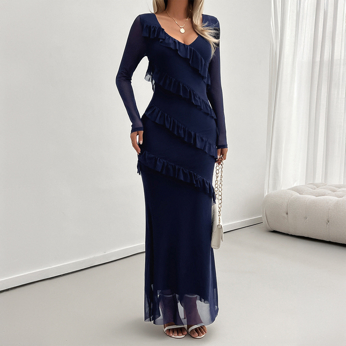 Elegante slim fit mesh V-hals jurk voor dames