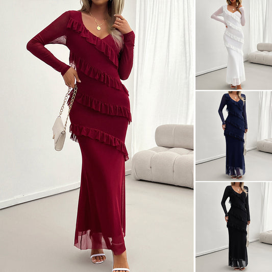 Elegante slim fit mesh V-hals jurk voor dames