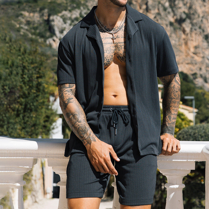 Heren tweedelige set korte mouw revers knoop shirts en shorts strand stijl pakken mannen zomer mode kleding streetwear