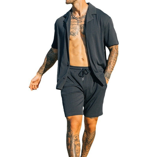 Heren tweedelige set korte mouw revers knoop shirts en shorts strand stijl pakken mannen zomer mode kleding streetwear