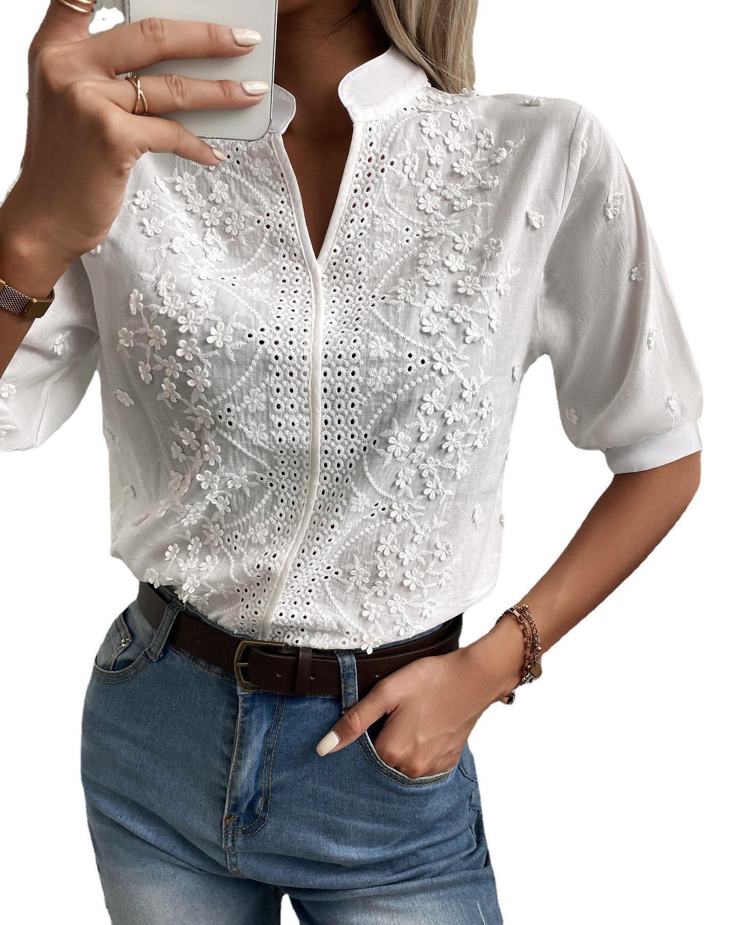 Dames v-hals opstaande kraag kant shirt
