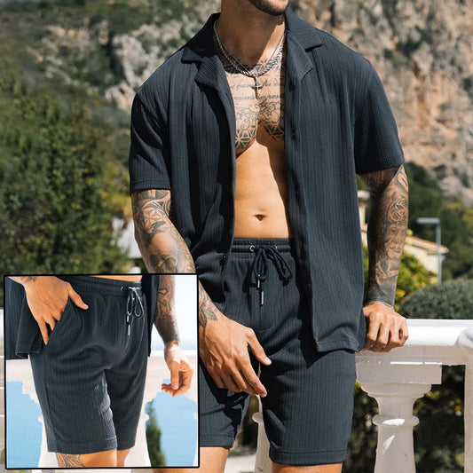 Heren tweedelige set korte mouw revers knoop shirts en shorts strand stijl pakken mannen zomer mode kleding streetwear