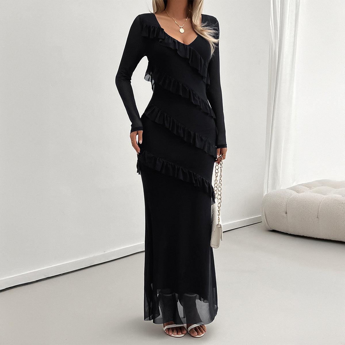 Elegante slim fit mesh V-hals jurk voor dames