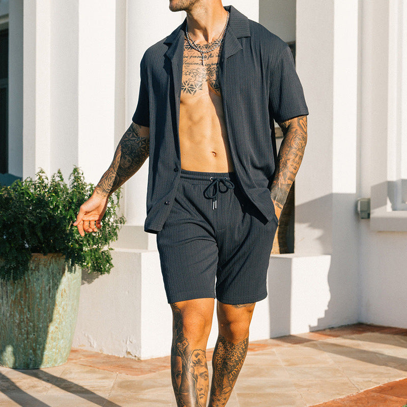 Heren tweedelige set korte mouw revers knoop shirts en shorts strand stijl pakken mannen zomer mode kleding streetwear