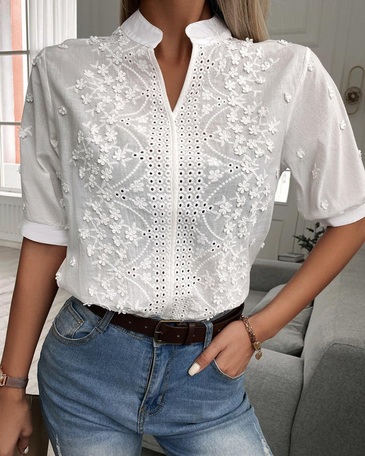 Dames v-hals opstaande kraag kant shirt