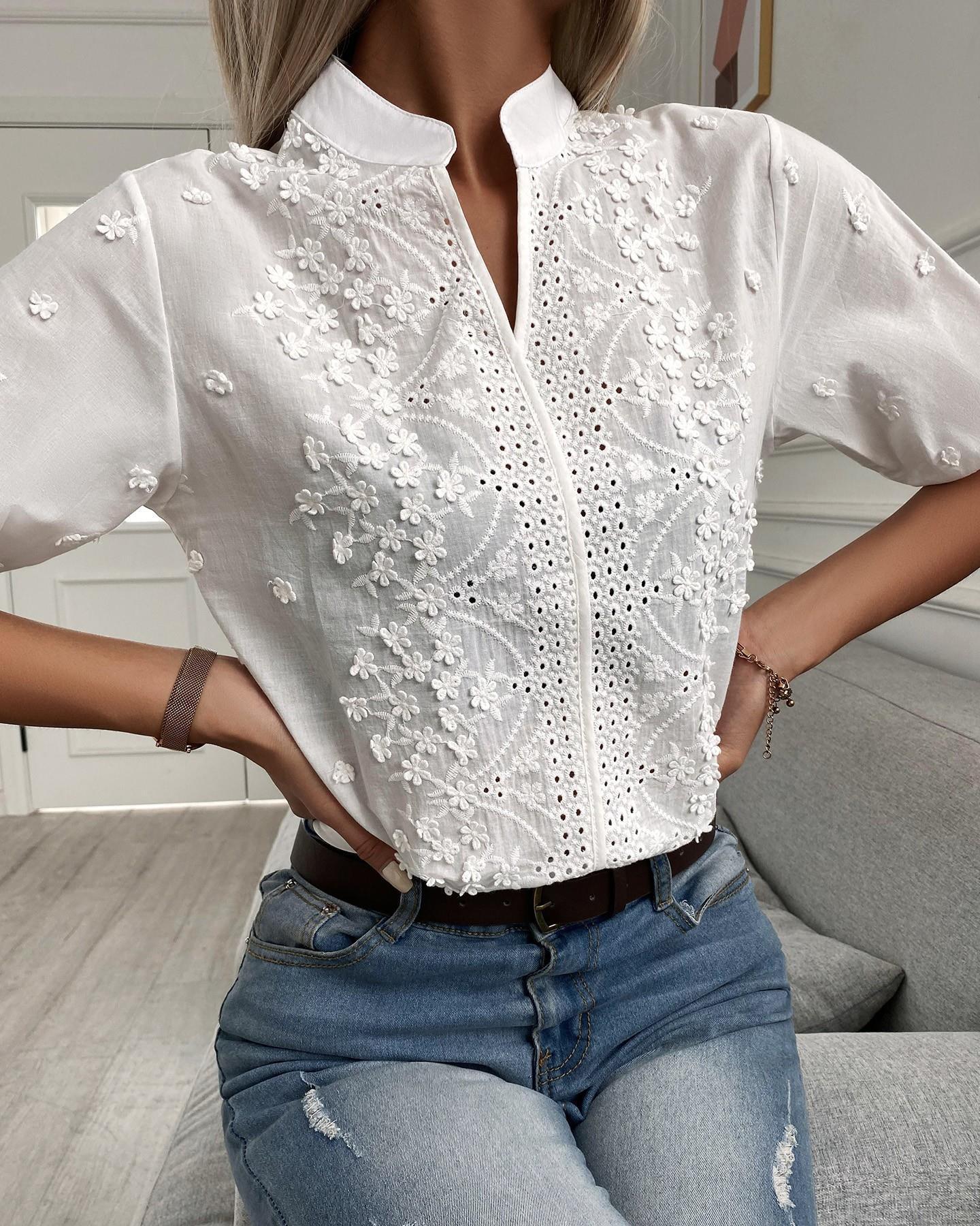 Dames v-hals opstaande kraag kant shirt
