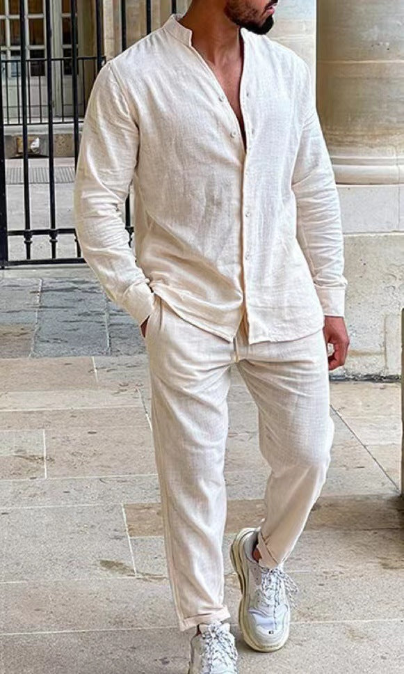 Heren linnen effen kleur loungepak met lange mouwen
