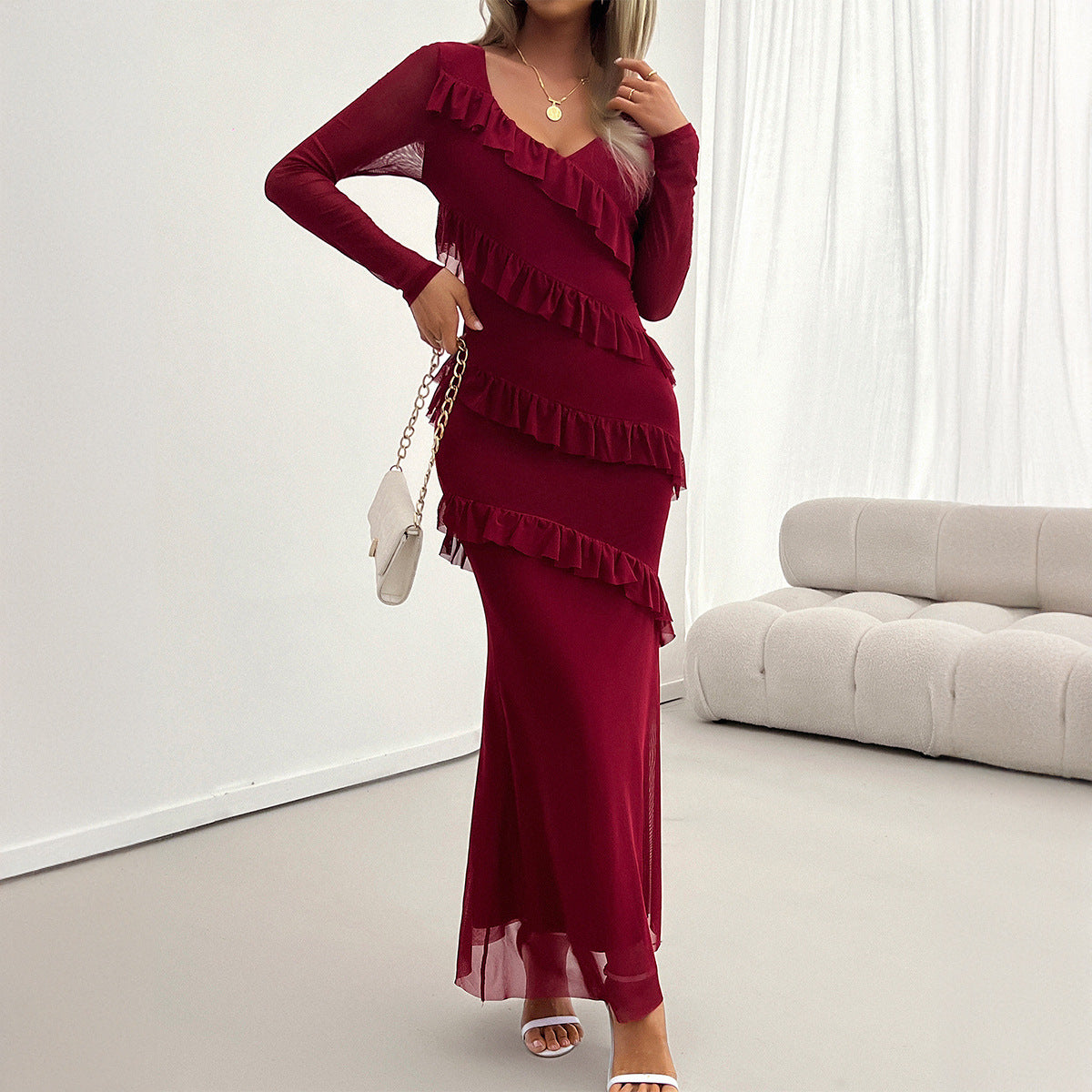 Elegante slim fit mesh V-hals jurk voor dames